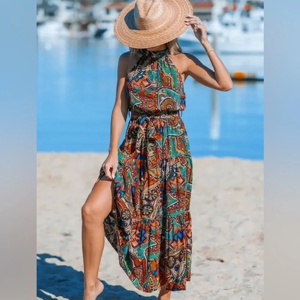 Abstract Boho Halterneck Maxi Dress